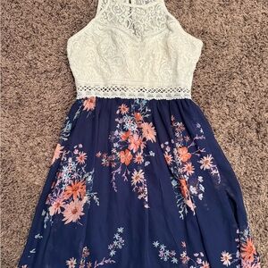 by & by Lace and Floral Kids Dress - Cream and Blue